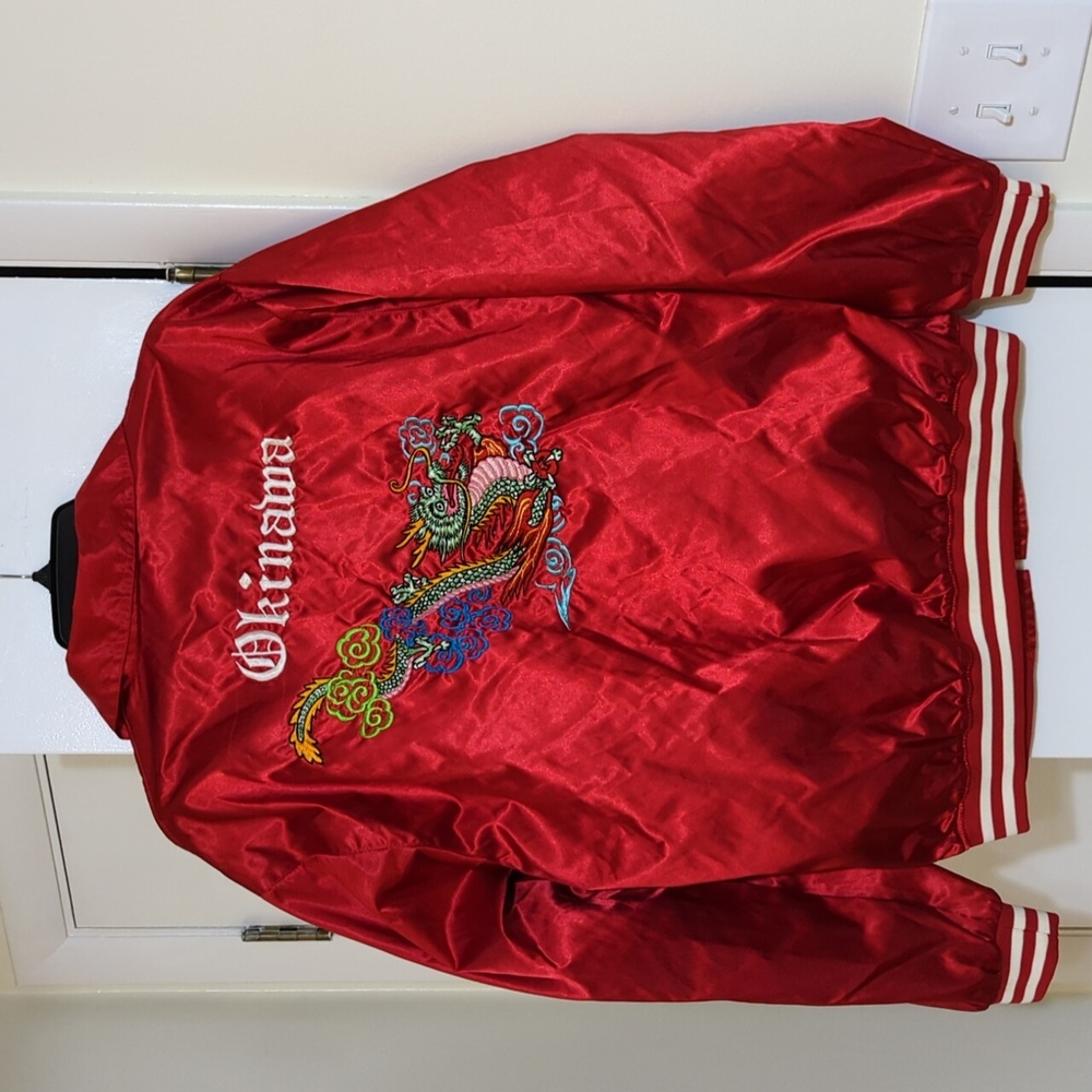 Vintage Red Okinawa Embroidered Dragon Satin Jacket